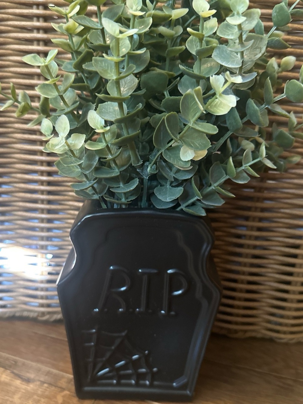 Decorative Black RIP Tombstone Planter with Green Faux Eucalyptus